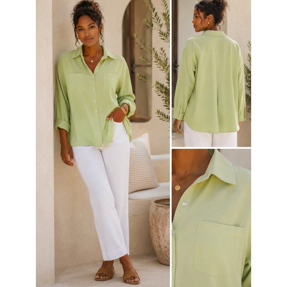 Chico’s Design 100% Silk Light Green Button Front Blouse XL Coastal Grandma Top